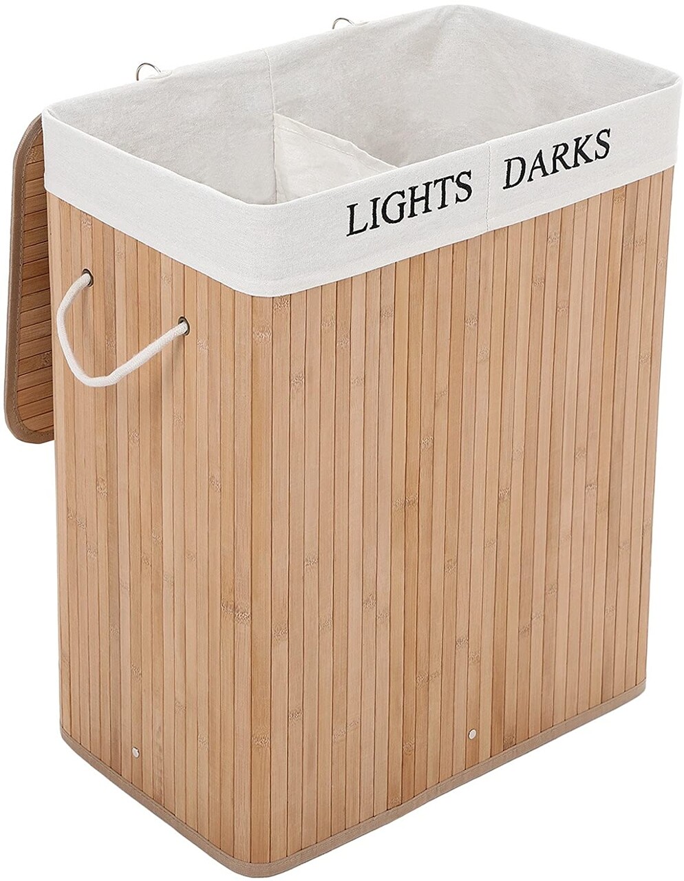 Cos de rufe cu 2 compartimente Bamboo, Songmics, 52 x 32 x 63 cm, 100 L, bambus/bumbac - imagine 7